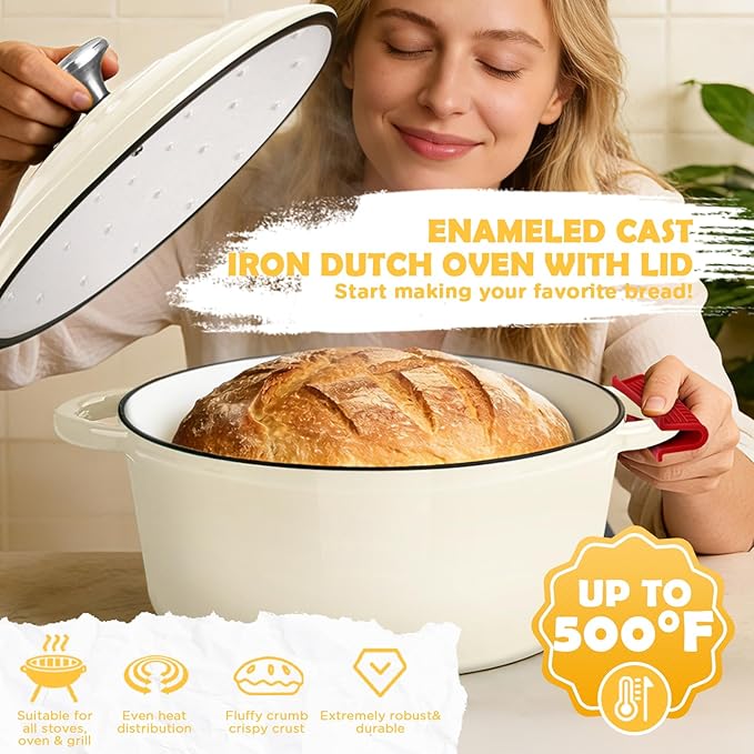 Enameled Cast Iron Dutch Oven Pot with Lid, Incl. Sourdough Bread Baking Supplies Like Banneton Bread Proofing Basket, Starter Jar, Scoring Tool Lame, 5QT Dutch Oven for Bread Baking, Oven Safe up to 500°F