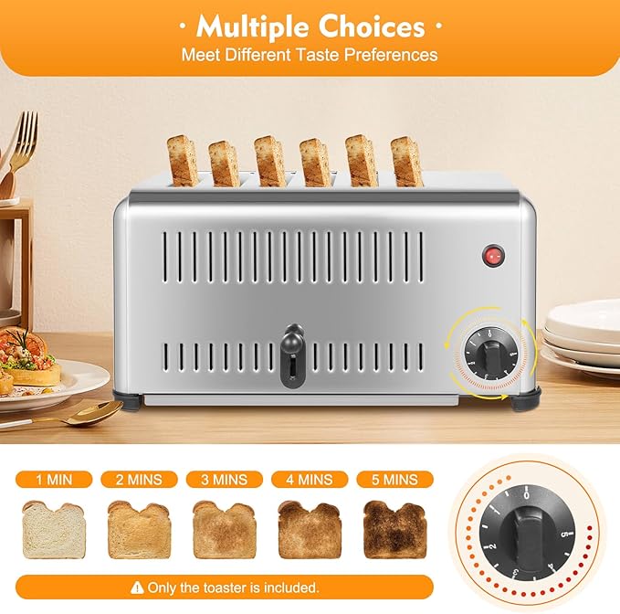 LIAUHO 6 Slice Toaster, 1680W Commercial Bread Baking Machine, 1-5 Minutes Timer Electric Oven with 6 Wide Slots, for Home Kitchen, Restaurant, Bakeries