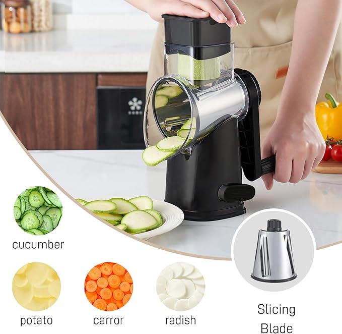 Rotary Cheese Grater with 3 Blades, Large Hand Crank Cheese Grater with Waffle Slicer, Black and White Cheese Slicer with Suction Base, Easier for Shredding& Grating (black, 3 Graters)