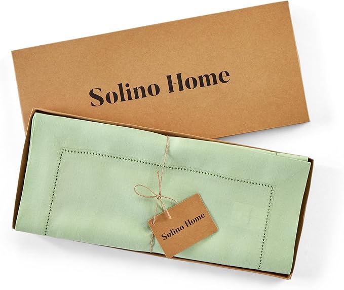 Solino Home Linen Table Runner 120 Inches Long - 100% Pure Linen Light Green Table Runner 14 x 120 Inch for Spring, St Patricks Day, Easter - Classic Hemstitch