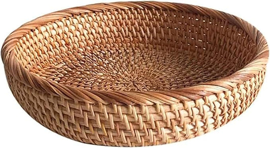 9 Inch Rattan Basket Tray Woven Round Decorative Wicker Tray Stackable for Kitchen Tabletop Fruit Candy Bread