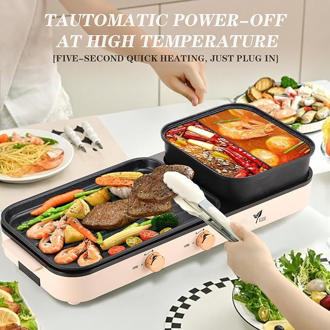 2025 Electric Hot Pot with Grill,2-10 People Indoor Hot Pot 2 in 1 Multi-function Smokeless Shabu-Shabu Hotpot Korean BBQ Grill for Simmer,Separate Dual Temperature Contral