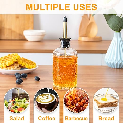 Glass Coffee Syrup Dispenser 7oz, with a Metal Mouthpiece Syrup Dispenser,Syrup Bottles for Maple Syrup, Oil, Coffee Bar Accessories,Vinegar, and Honey.