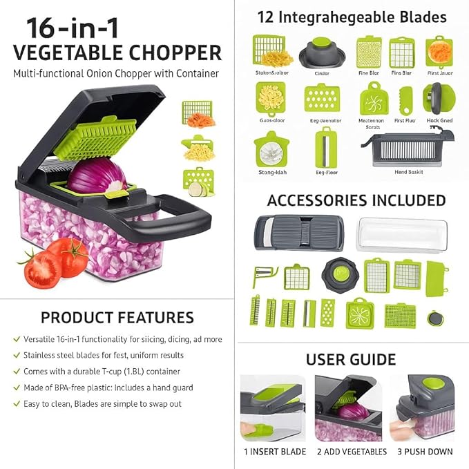 16 IN 1 VEGETABLE CHOPPER AND SLICER WITH CONTAINER -MULTI- FUNCTIONAL MANDOLINE CUTTER FOR ONIONS, FRUITS &CHEESE - KITCHEN GADGETS WITH INTERCHANGEABLE BLADES &PEELER.