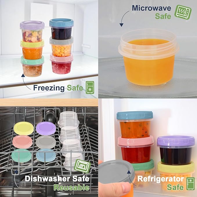 12 Piece 4 oz Plastic Food Storage Containers with Lids, Reusable Freezer Storage Containers, Small Meal Prep Containers with Pen and Brush, BPA-Free, Screw Top, Microwave & Dishwasher Safe