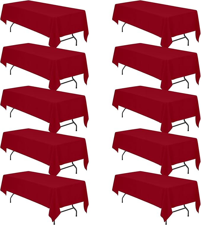 BRILLMAX 10 Pack Burgundy Tablecloths 60 x 126 Inch for 8ft Rectangle Tables - 150 GSM Polyester Fabric, 15" Standard Drop, Water, Stain & Wrinkle Resistant Cloth Cover for Wedding Dining Buffet