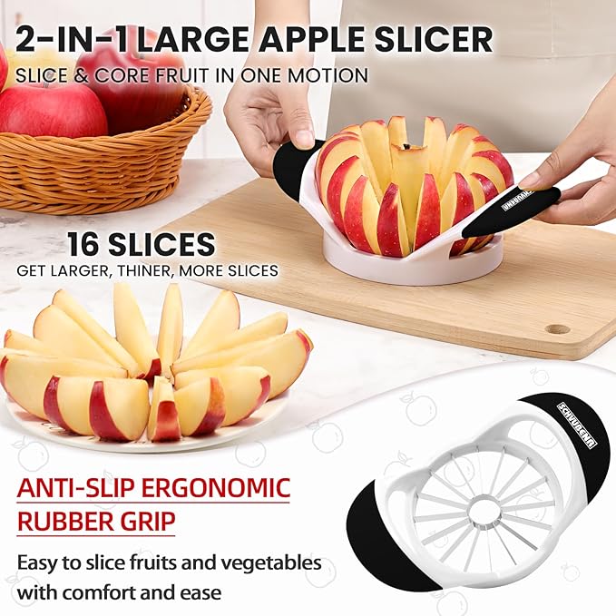 SCHVUBENR Apple Slicer and Corer - 4.72 Inch Stainless Steel Apple Cutter with 16 Sharp Blades - Professional Apple Divider Tool for Quick Slices - Easy to Use & Clean - Slice Fruits with Ease - Black