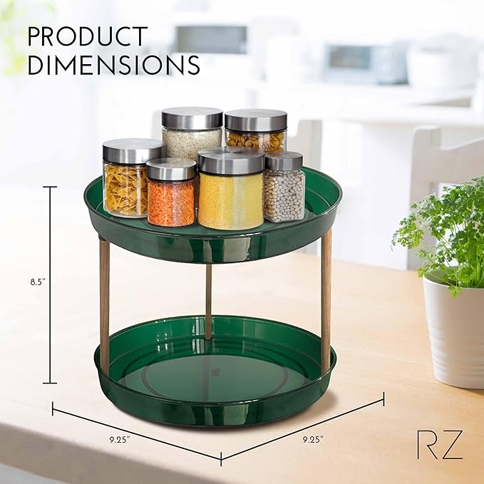 Rachel Zoe 2 Tier Lazy Susan Organizer, Wood Two Tier Lazy Susan Turntable, 360° Spin Tray Organizer, Pantry Spice Organizer for Kitchen, Rotating Bathroom Counter Organizer
