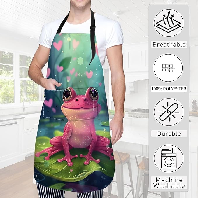 Frog Apron Cute Fantasy with Pink Toad and Hearts Aprons Waterproof Oxford Polyester Adjustable Pockets Design for Cooking, Crafting, Garden Decor, for Adults, 28x33 Inch
