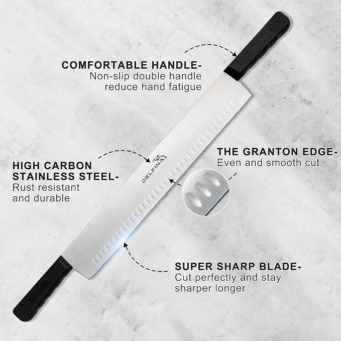 DELFINA 15 Inch Double Handle Cheese Knife with Blade Protector, Stomatal Blade with 5" Plastic Comfortable Handles, Cheese Knife for Cheese,Cakes,Vegetables,Butter,Soaps