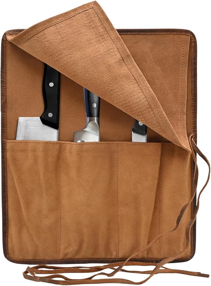 Autentico Leather Knife Roll Bag Professional Chef Knife Case, Durable Knife Sheath Holder, Cooks & Culinary Tools Carrying Storage, Portable Knife Wrap - 4 Slots
