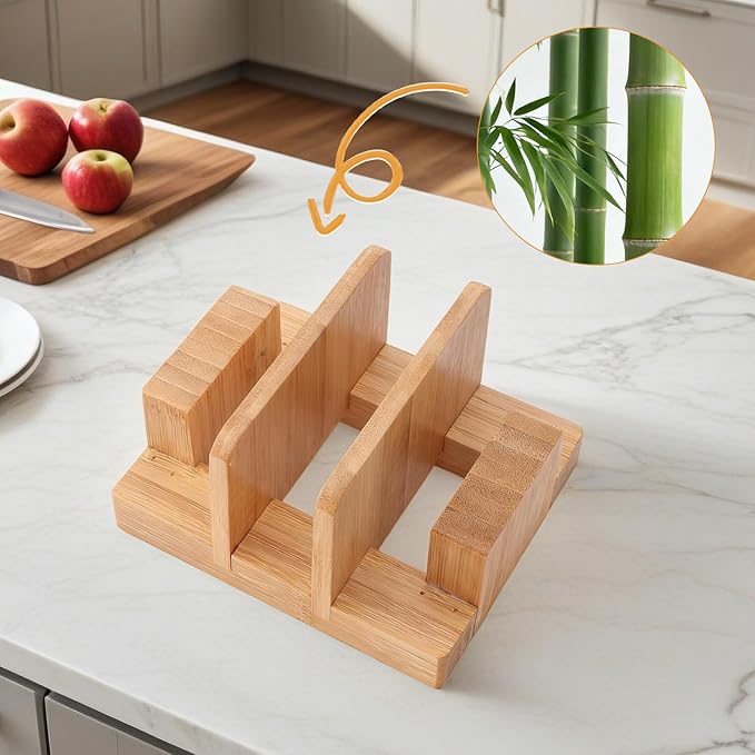 Bamboo Pot Lid Holder Stand, Cutting Board Organizer and Rack for Kitchen Storage, Made Countertop Space Saver for Pot Lids and Cutting Boards