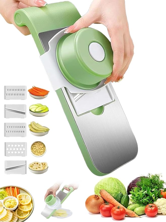 Multifunctional Vegetable Cutter, Portable Mandoline Slicer for Kitchen, 5 in 1 Vegetable Cutter with 5 Detachable Blades, Stainless Steel 𝐕egetable Slicer for Slicing Shredding (B)