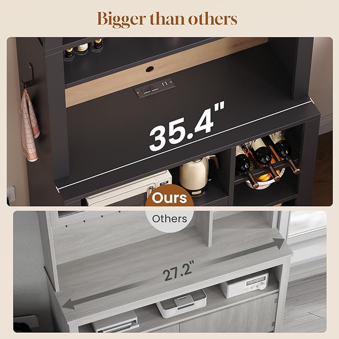 Itaar 73" Tall Arched Bakers Rack with Power Outlet and LED Light, Farmhouse Coffee Bar Cabinet, Kitchen Microwave Stand with Storage for Kitchen, Dining Room, Living Room, Black