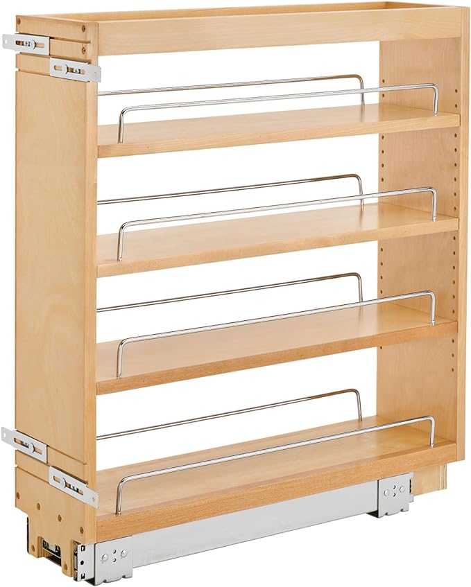 Rev-A-Shelf 6.5 in Pullout Kitchen Cabinet Storage Organizer Slide Out Pantry Spice Rack with Adjustable Shelves, Natural Maple, 448-BC-6C - Home Organizing System for Pots, Pans, and Utensils