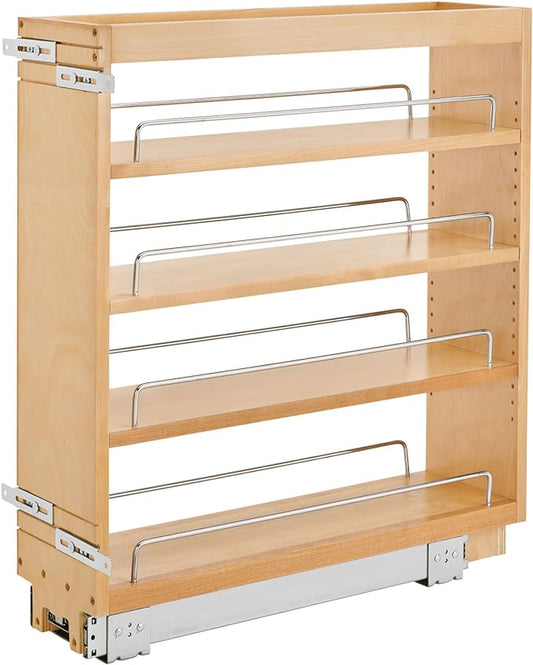 Rev-A-Shelf 6.5 in Pullout Kitchen Cabinet Storage Organizer Slide Out Pantry Spice Rack with Adjustable Shelves, Natural Maple, 448-BC-6C - Home Organizing System for Pots, Pans, and Utensils