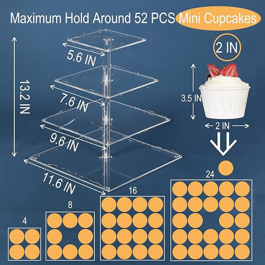 4 Tier Premium Cupcake Stand Cupcake Holder, Acrylic Cupcake Tower with LED Yellow Light for Cupcakes, Dessert Table Display Set for Birthday, Bar, Decor Weddings, Parties Events