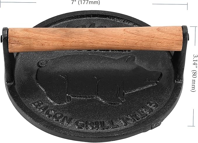 2 Pack 7 Inch Black Cast Iron Grill Press, Round Heavy Weight Bacon Press with Wooden Handle, Steak Weights for Grill Burgers Bacon Bread