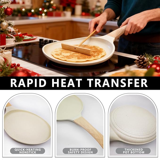 DOTUHAO Nonstick Crepe Pan Set, Kitchen Pancake Grill Pan, 8 Inch Granite Coating Flat Skillet Tawa Dosa Tortilla Pans, Pizza Pans, Fry-Pan Compatible with All Stovetops (8 Inch, White)