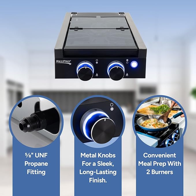 RecPro RV Built In Gas Cooktop | 2 Burner or 3 Burner | RV Cooktop Stove | 6,500 and 8,000 BTU Burners | Cover Included (Black, 2-Burner)