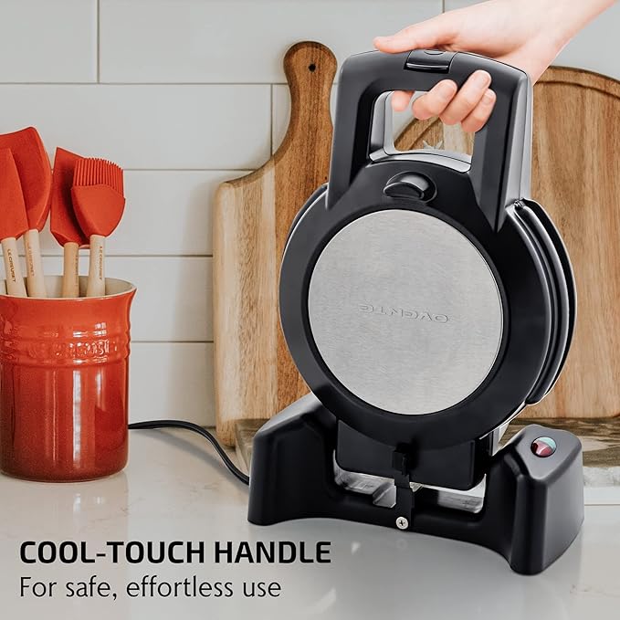 OVENTE Belgian Waffle Maker with Non-Stick Plates, 180° Rotating Function and Cool Touch Handle for Easy Single Flip, Perfect for Cooking 7” Classic Waffles for Breakfast or Snacks, Black WMF1440BR