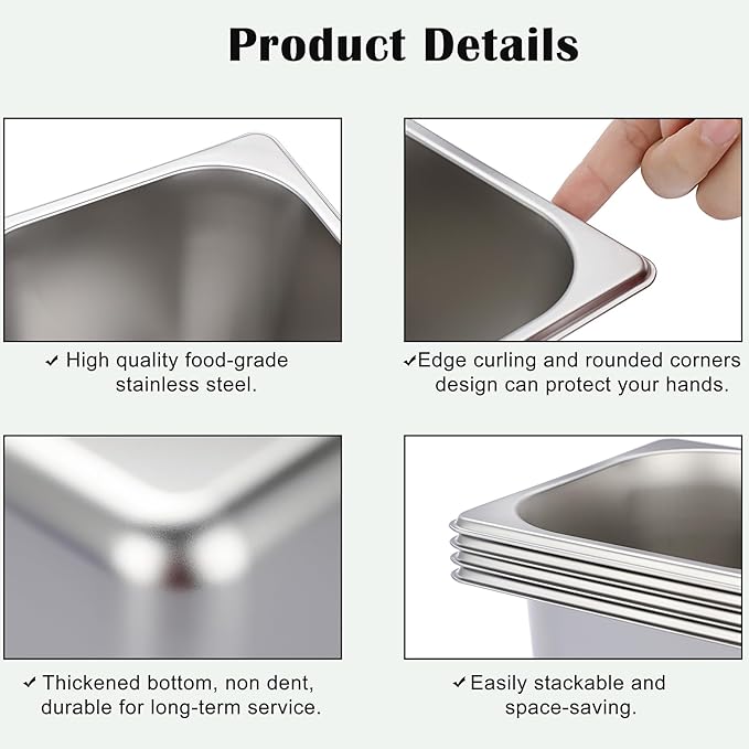 BSTKEY 12 Pack 1/6 Size 6 Inch Deep Hotel Pan, Stainless Steel Steam Table Pans, Stackable Catering Pan Commercial Food Pans for Kitchen Restaurant Buffet Party Supplies