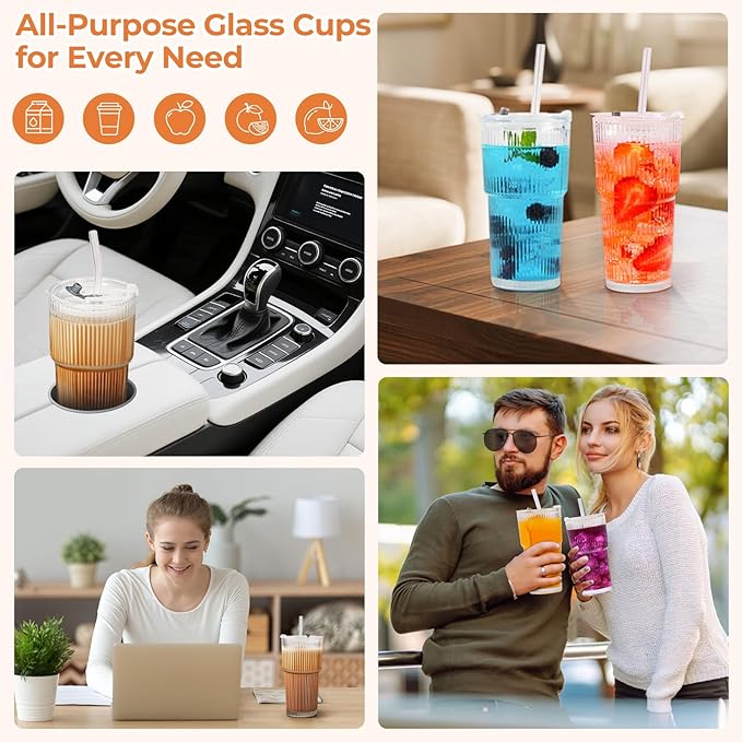 4 Pack 20 Oz Glass Cups with Lids and Straws Iced Coffee Cups Vintage Ribbed Glassware for Beer Ice Coffee Fruit Juice Elegant Aesthetic Cup Glass Iced Coffee Tumbler Include 2 Cleaning Brushes