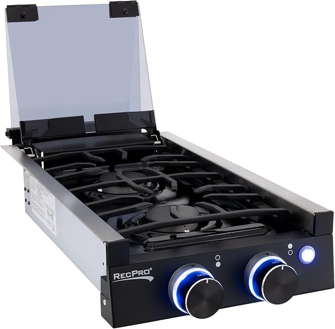 RecPro RV Built In Gas Cooktop | 2 Burner or 3 Burner | RV Cooktop Stove | 6,500 and 8,000 BTU Burners | Cover Included (Black, 2-Burner)