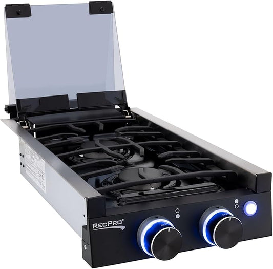 RecPro RV Built In Gas Cooktop | 2 Burner or 3 Burner | RV Cooktop Stove | 6,500 and 8,000 BTU Burners | Cover Included (Black, 2-Burner)