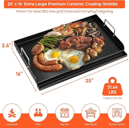 Updated 25" x 16" Cast Iron Griddle for Gas Grill, Nonstick Nanoceramic Stove Top Griddle for Gas Stove, Pre-Seasoned Flat Top Plate Insert for Outdoor Gas Grill, Camping, Tailgating, Parties