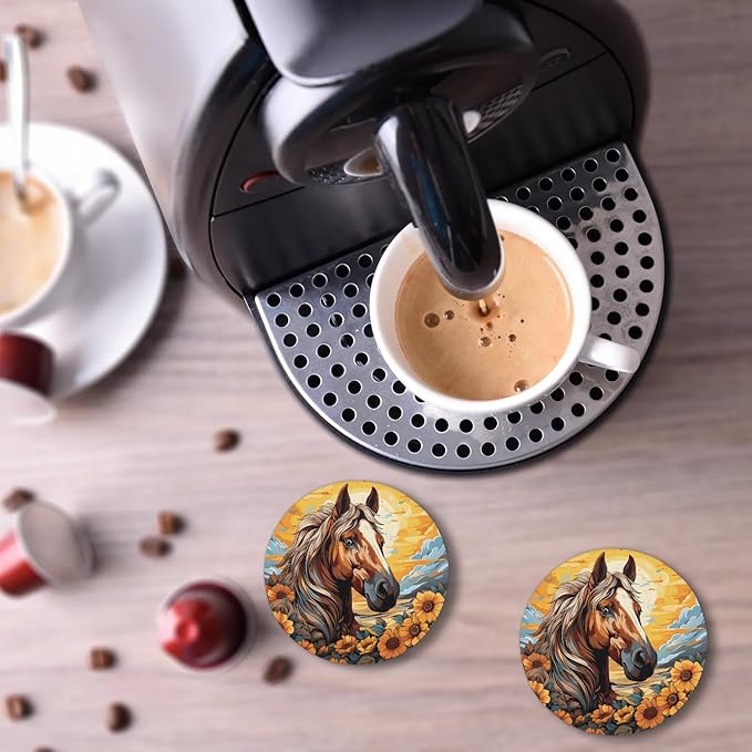 Round Coasters Set of 2, Manes Horse Sunflowers Sunshine Absorbent Ceramic Coaster with Cork Base, Bar Coasters for Drinks Coffee Mugs Tea Cups Wine Glasses Home Decor Gifts (4 inches)