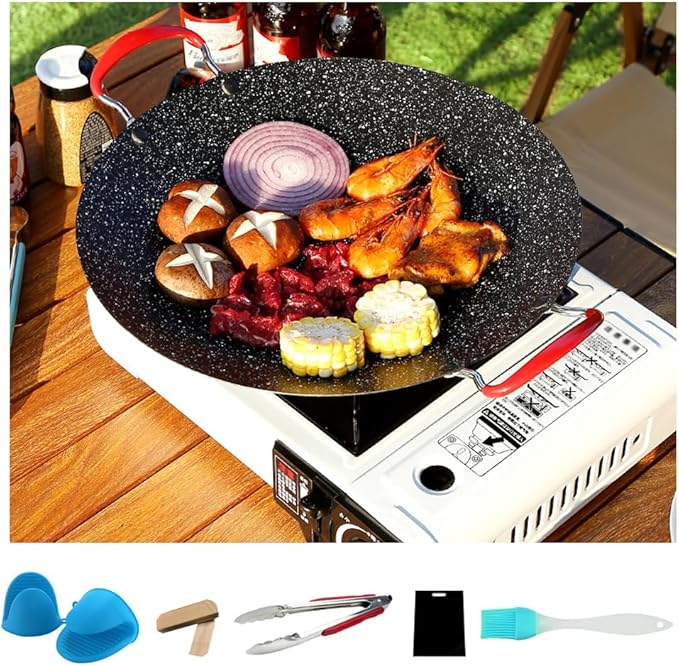 Korean BBQ Grill Pan, 13.3 Inch Nonstick Round Griddle Plate with Heat Resistant Handle for Indoor Outdoor Gas Stove Grilling Cooking