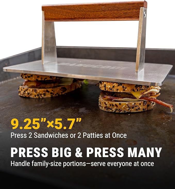 Manucode Stainless Steel Bacon Press - 3.2 LB Heavy Cooking Weight, Ideal for Flat Top Grill - Griddle Accessories for Searing Smash Burger, Steak, Sandwich - 9.25 x 5.7 Inches, Flat Bottom, Rectangle