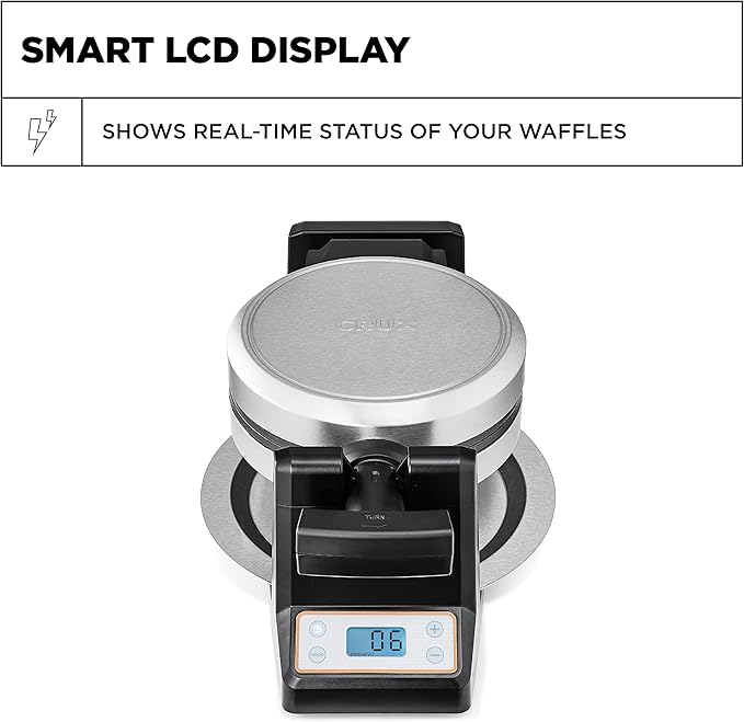 CRUX Rotating Belgian Waffle Maker with Deep Nonstick PFOA Free Plates, Digital Keto Chaffles Iron with LCD Display, Browning Control and Cord Storage, Stainless Steel