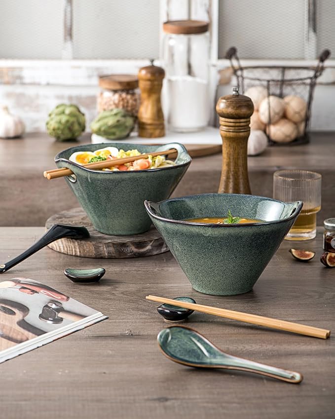 UNICASA Japanese Ramen Bowl Set with Chopsticks, Spoons and Rests, 26oz Deep Porcelain Noodle Bowl Set of 2 for Udon, Pho, Salad, Soup (Teal Green)