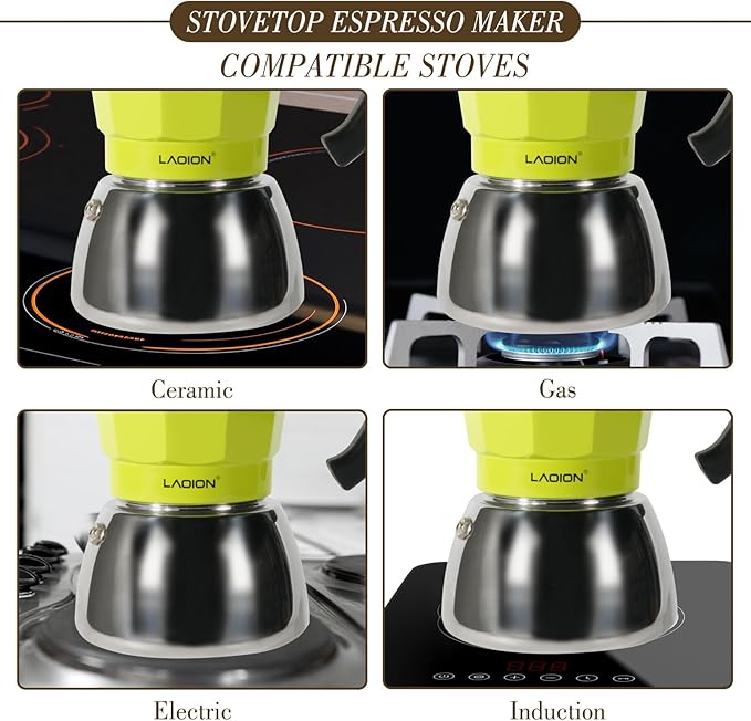 LAOION Stovetop Espresso Maker, 6Cup Moka Pot, Espresso Machine Compatible with Induction Cooktops, 300ml Stainless Steel & Aluminum Cuban Coffee Maker for Cafetera Cubana, Green