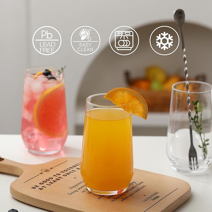 Drinking Glasses Set of 4, 16.4 oz Clear Glass Tumbler, Water Glasses for Beer, Juice, Mojito, Iced Tea, Dishwasher Safe Glassware,Gifts