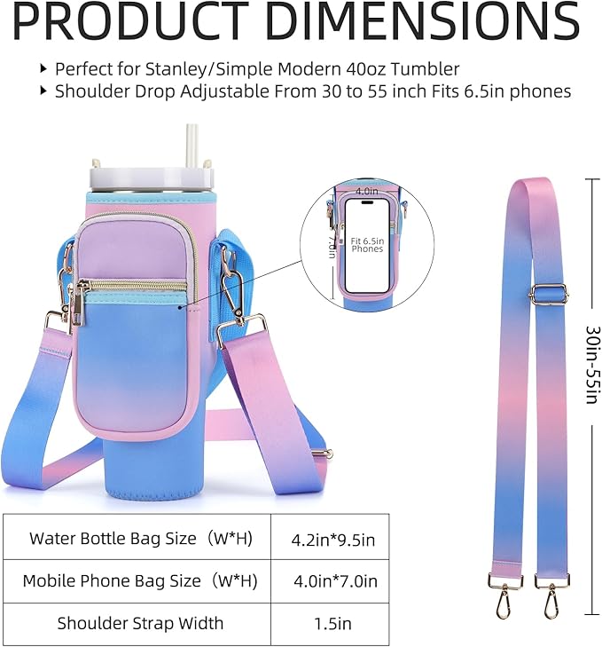 Water Bottle Carrier Bag for Stanley 40/30 oz Tumbler with Phone Pocket Neoprene Water Bottle Holder with Shoulder & Handheld Strap Stanley Cup Accessories