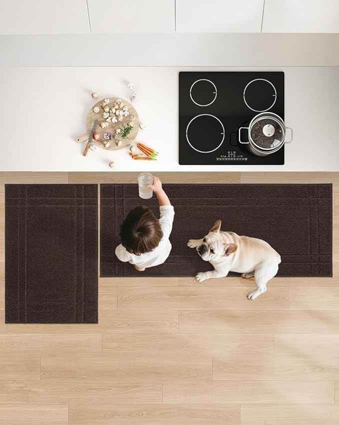 JSEI Kitchen Mats for Floor, Non-Slip Kitchen Rugs, Soft Washable Absorbent Kitchen Mats 2 PCS, Kitchen Runner Rug with TPR Backing, Polyester, 24"x36"+24"x60", Brown