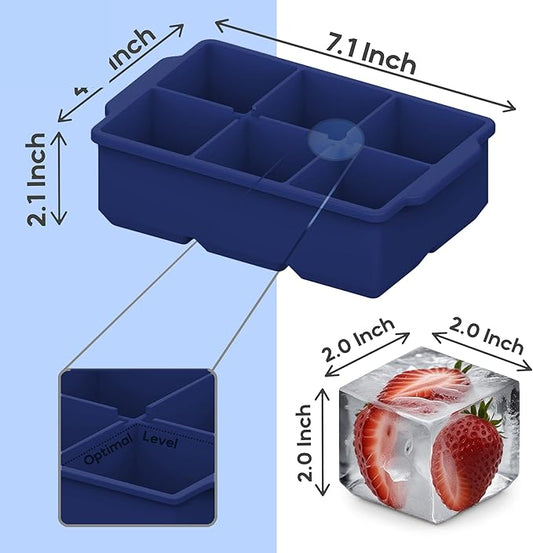 KitchFort Large Silicone Ice Cube Tray (2-Pack), Easy Release 2" Big Ice Cubes - Cocktail, Whiskey Ice Cubes Mold - Ice Trays for Freezer with Lid - Stackable Silicone Ice Tray - Navy Blue
