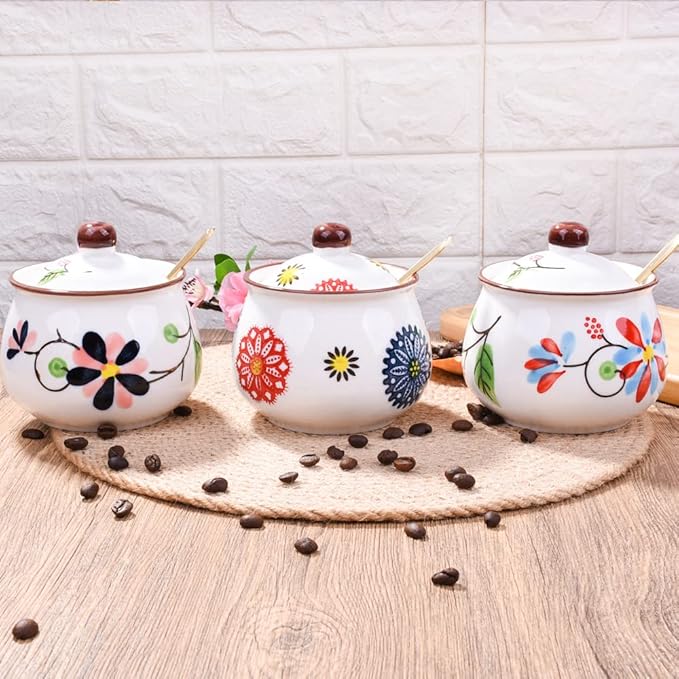 Porcelain Sugar Bowl with Lid and Spoon Seasoning Container Salt Jar for Home and Kitchen (HH)