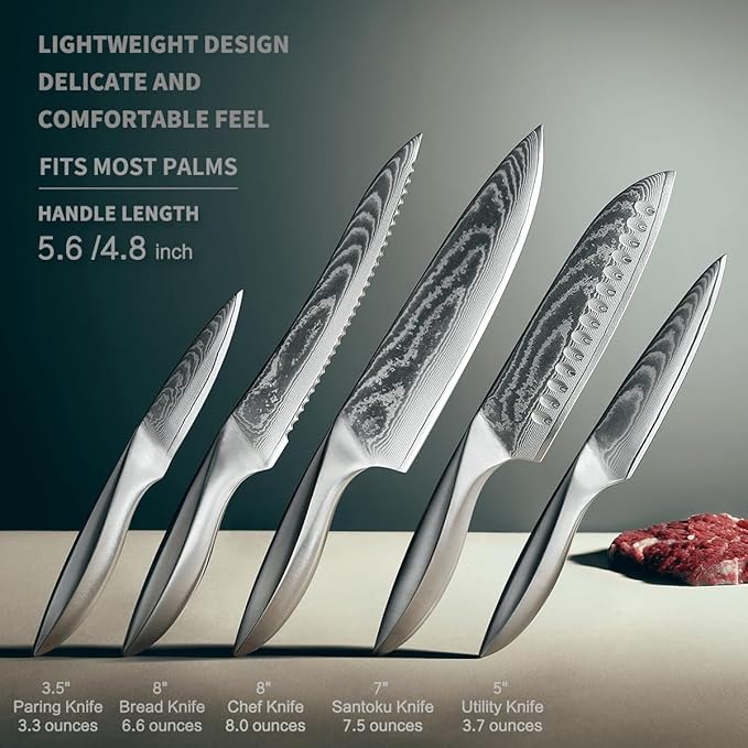 5 PCS Damascus Chef Knife Set, Ultra-Smooth Cutting Experience and Professional Grade Sharp, Kitchen Knife Set,Handle Ergonomic Design,9CR18MOV High Carbon Stainless Steel,Dishwasher Safe