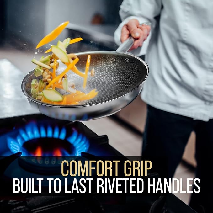MUGAA Woks & Stir-Fry Pans Nonstick 11" Stainless Steel Wok Pan with Lid | Tri-Ply Honeycomb Hybrid Stir Fry Pan | Induction & Oven Safe | Dishwasher Safe