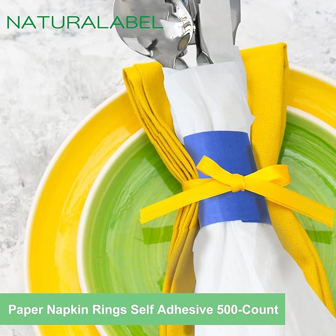 NATURALABEL 500 PCS Paper Napkin Rings with Box, Self-Adhesive Napkin Bands, for Family Meal, Birthday Party, Wedding, Celebration (Blue)