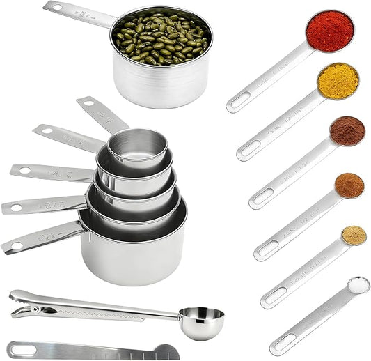 Measuring Cups & Spoons Set of 13, Stainless Steel 5 Nesting Measure Cups Set & 6 Measuring Spoons Set & 1 Leveler +1 Spoon Clip - Kitchen Baking Tools for Cooking.