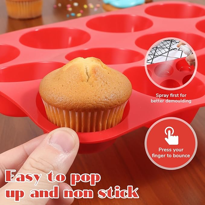 Oqqlin 3 Pcs Silicone Muffin Pan Set, Silicone Muffin Pans for Baking Red 24/12/6 Cups Mini/Regular/Jumbo Non-Stick Cupcake Pan for Kitchens, Restaurants, Bakeries