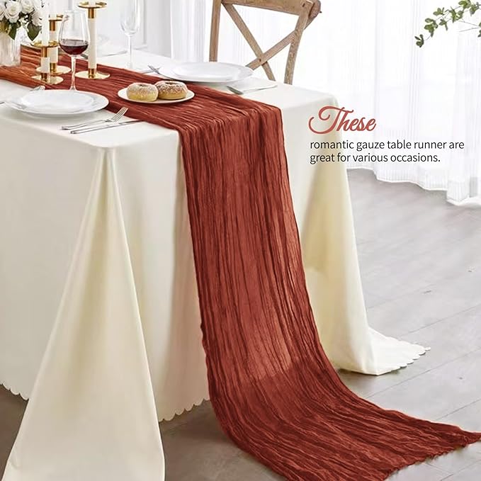 12 Pack Terracotta Cheesecloth Table Runner 10Ft, Christmas Table Runner 21.5 x 120 inch, Burnt Orange Semi Sheer Cheese Cloth Fabric Thanksgiving Runner Bulk for Wedding,Party,Bridal Shower