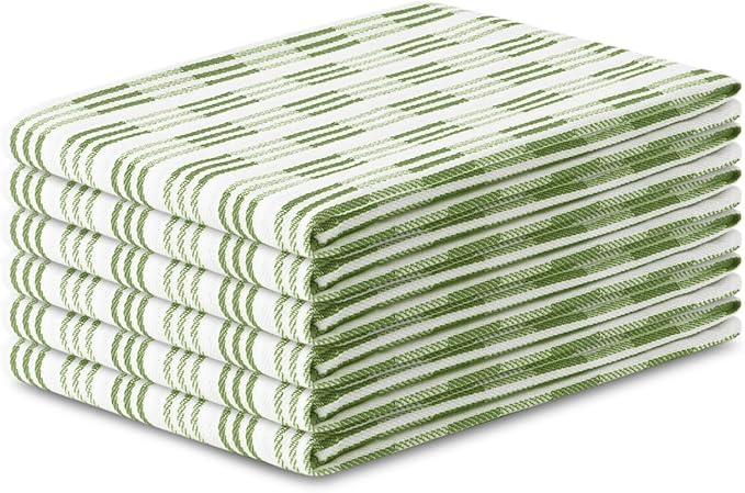 Premium Kitchen Towel Set of 6-100% Cotton Quick-Drying & Absorbent Dish Cloths - 18x28 Inch, Farmhouse Tea Premium Towels with Green Stripes, Twill Weave