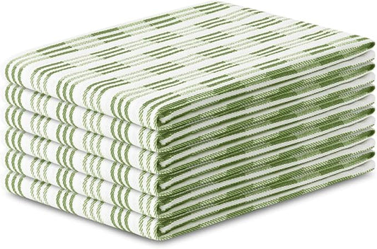 Premium Kitchen Towel Set of 6-100% Cotton Quick-Drying & Absorbent Dish Cloths - 18x28 Inch, Farmhouse Tea Premium Towels with Green Stripes, Twill Weave