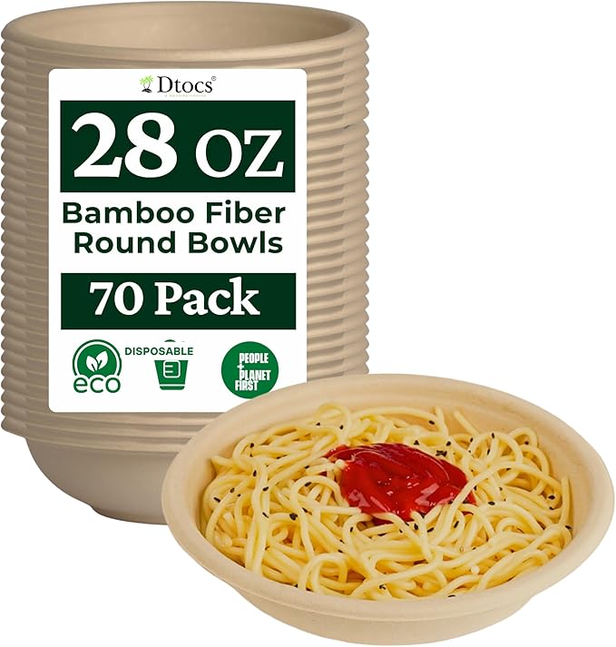 Dtocs Bamboo Fiber Disposable Bowls – 28 Oz, 70 Pk | Eco Friendly Large Bowl | Microwave Safe Bagasse Bowl for Soup, Dessert, Salad bowls | Disposable Dinnerware Alt to Paper, Plastic